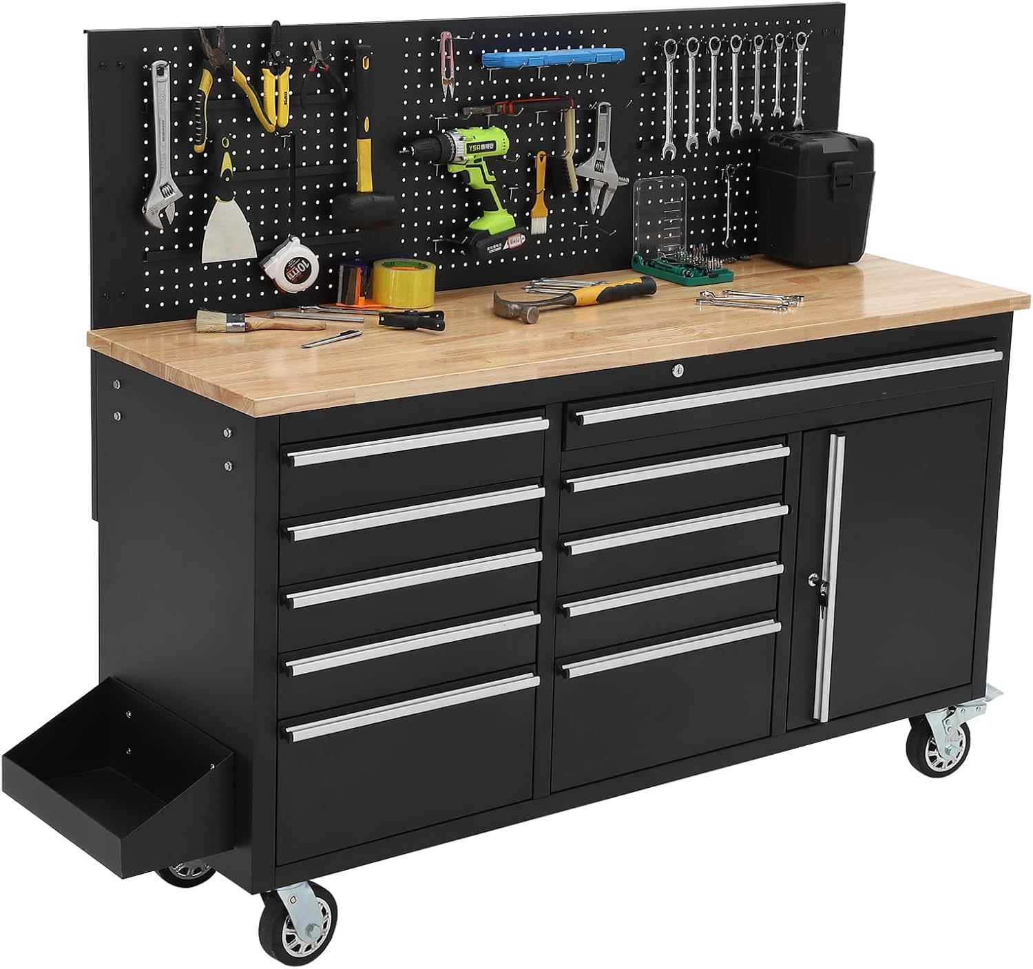GAOMON 61-inch rolling tool chest review - detailed features including 10 drawers, solid rubber wood top, and power strip