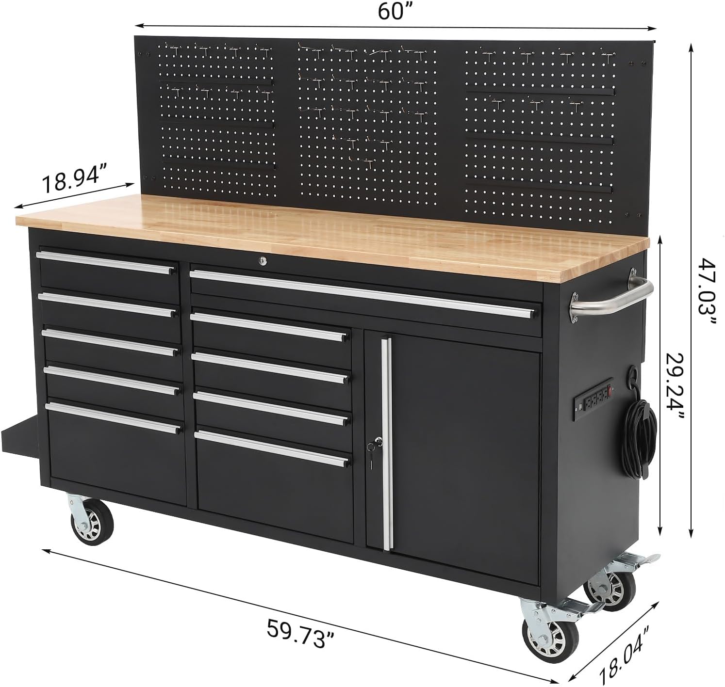 GAOMON 61-inch rolling tool chest review unboxing showing main cabinet, power strip, pegboard, and hardware