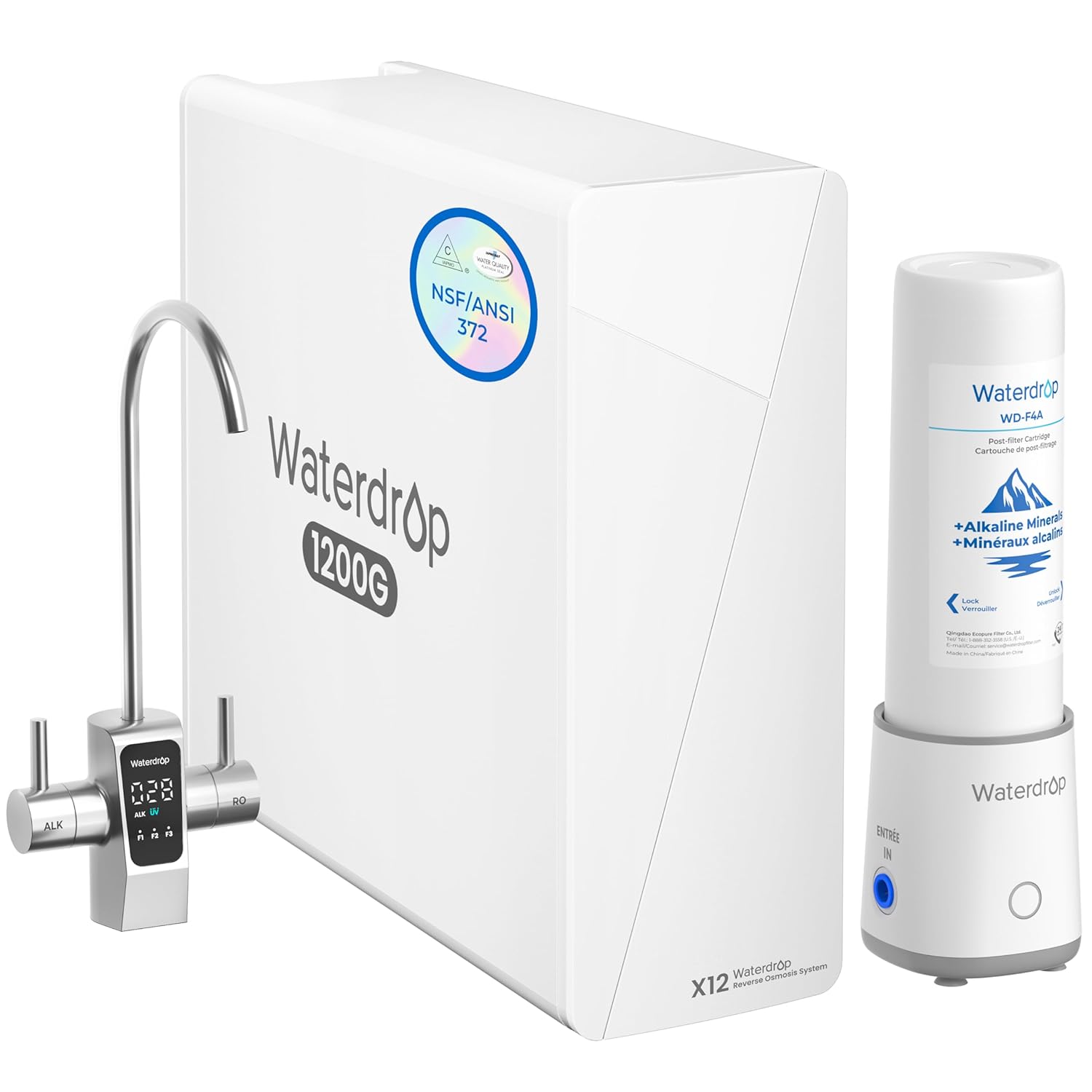 Waterdrop X12-Plus review — full package contents showing system unit, filters, faucet, and installation kit